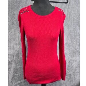 Carmen Marc Valvo Red Ribbed Knit Long Sleeve Top‎ with Grommet Detail